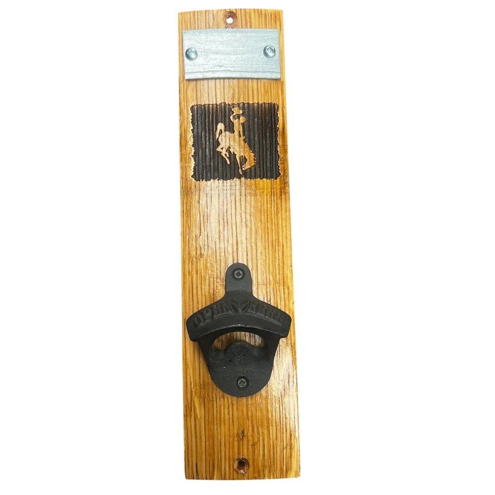 Wyoming Cowboys Bottler Opener on a Barrel Stave